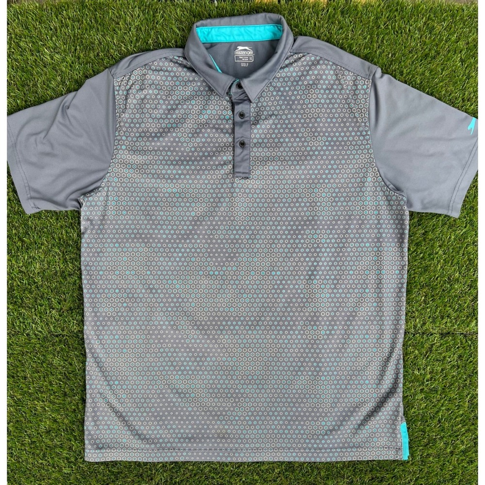 Slazenger Golf Polo, Gray with Teal Geometric Print, Size XL